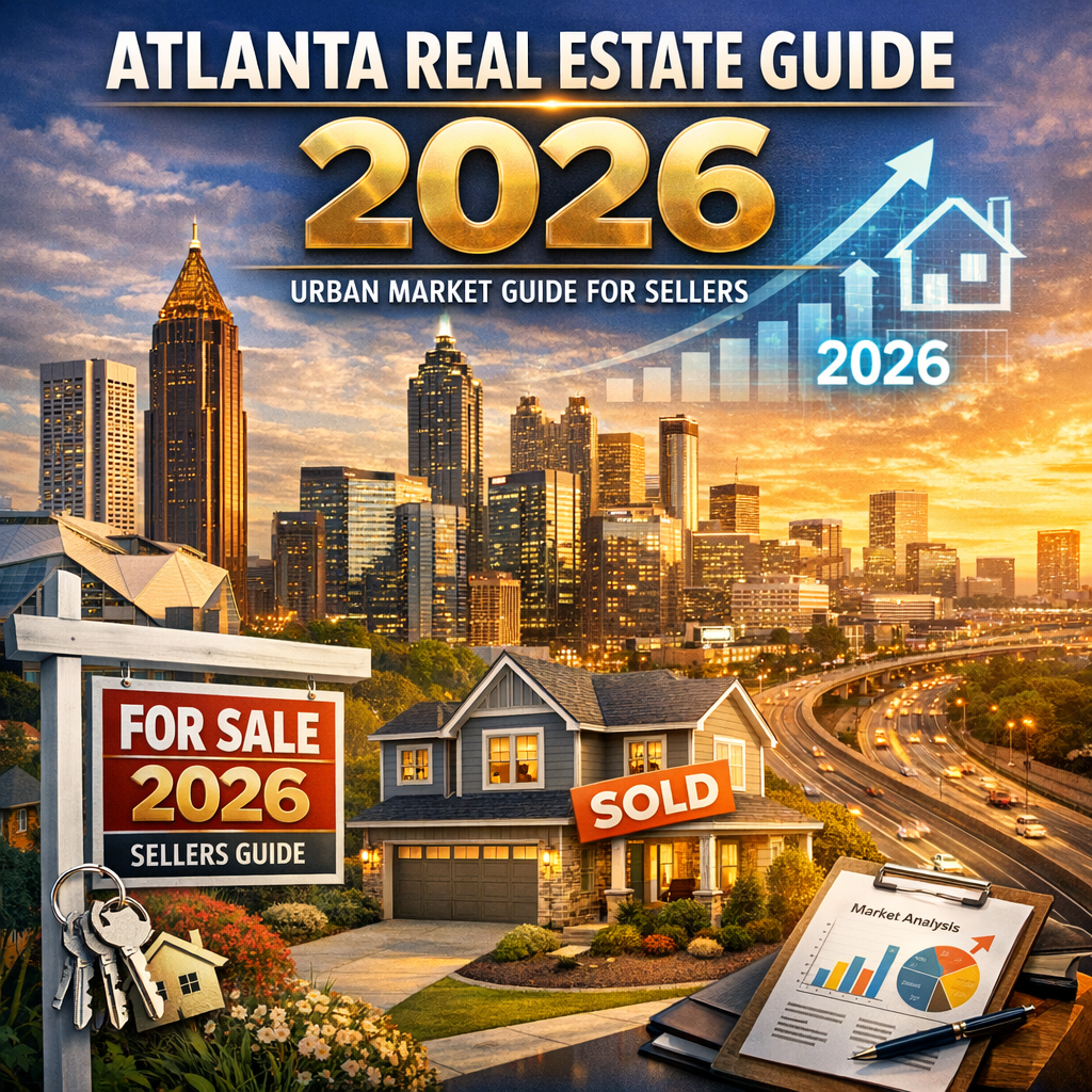 Cover of the "2026 Atlanta Urban Real Estate Market Guide," featuring a cityscape with market trend graphs.