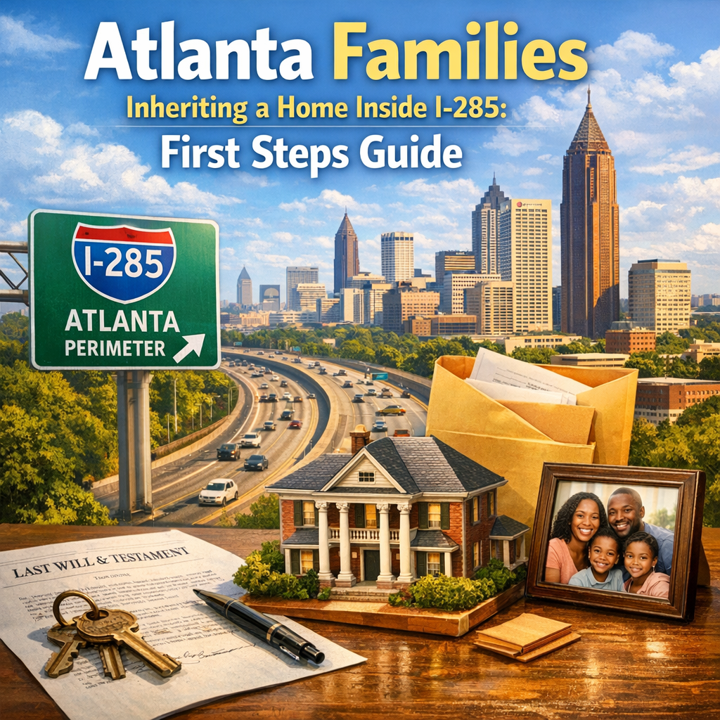Illustration of a family standing in front of a home with I-285 in the background, symbolizing home inheritance in Atlanta.