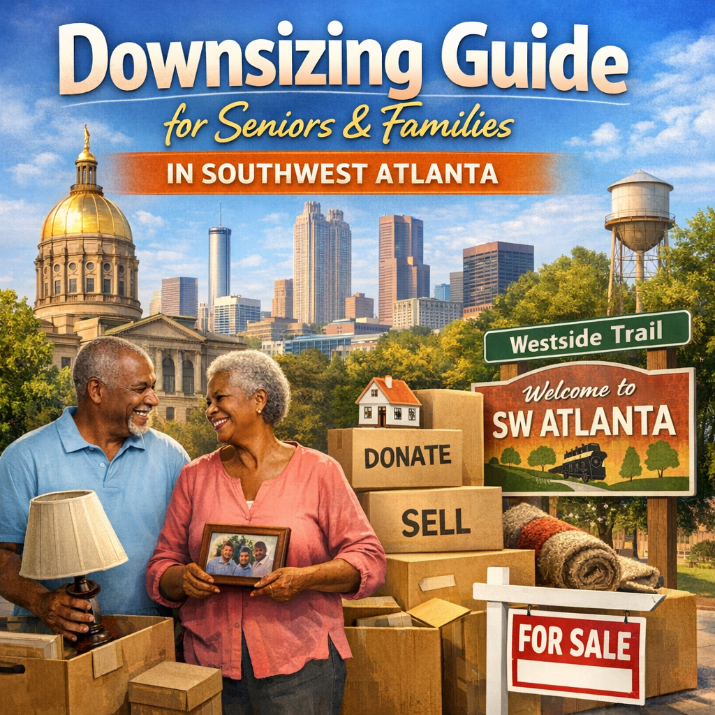 Elderly couple consulting a downsizing guide with tips on moving and selling homes in Southwest Atlanta.