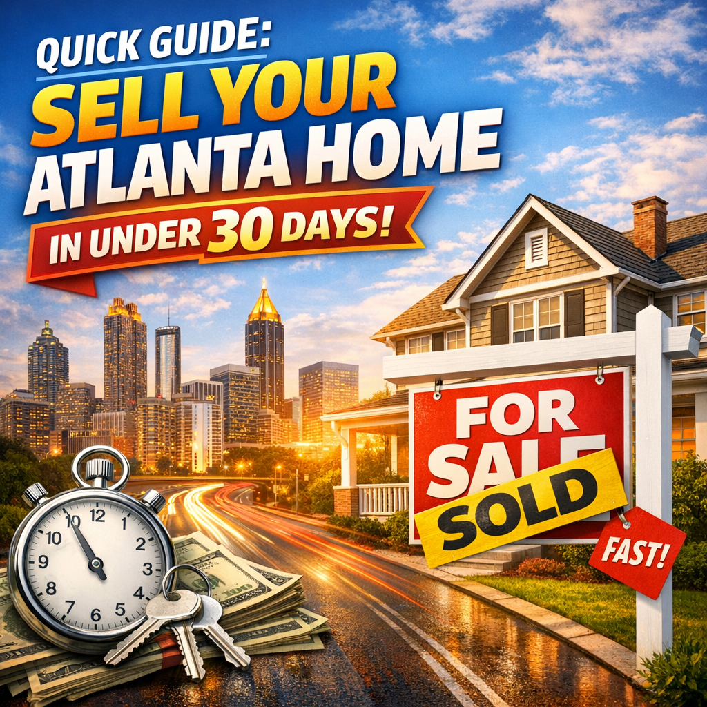 Guide to quickly selling an Atlanta home with a sold sign and Atlanta skyline in the background.