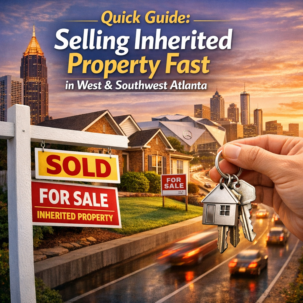 Skyline of West and Southwest Atlanta with real estate signs, representing a quick guide to selling inherited property.