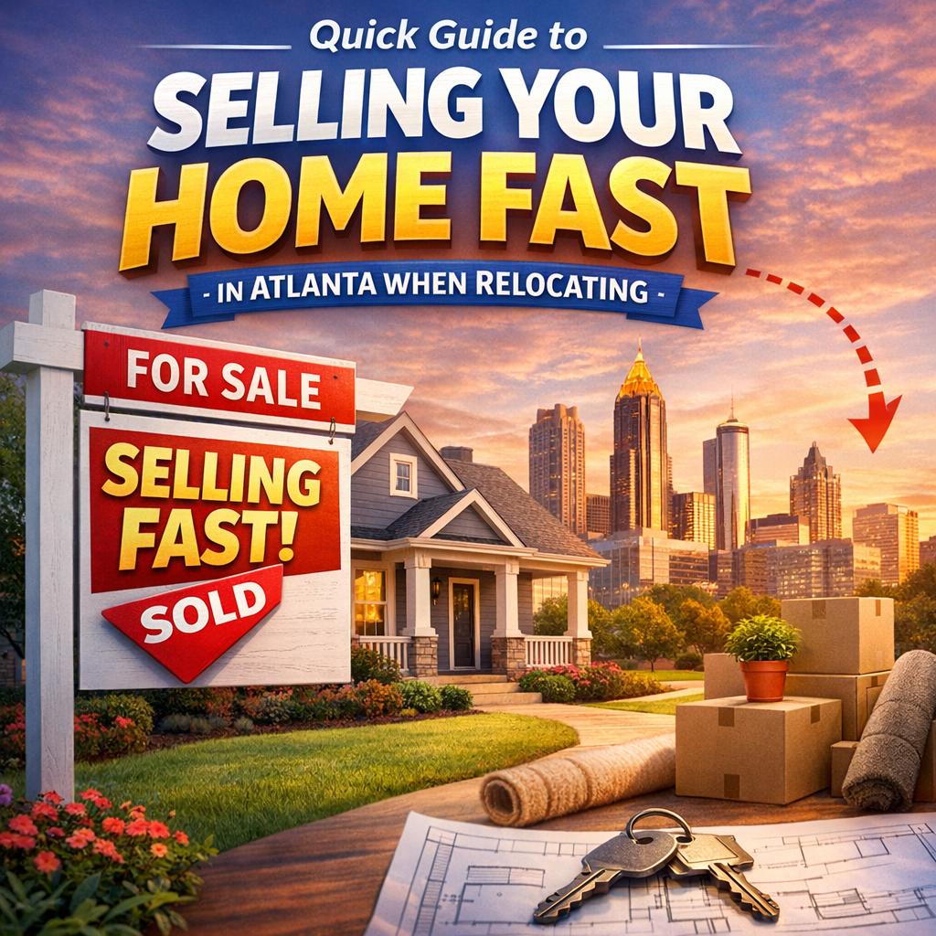 "For Sale" sign in front of the Atlanta skyline, symbolizing a fast home sale.