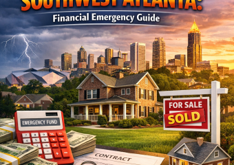 Text overlay on image: "Sell Your Home Fast in Southwest Atlanta" with a background of a 'For Sale' sign in front of a house.