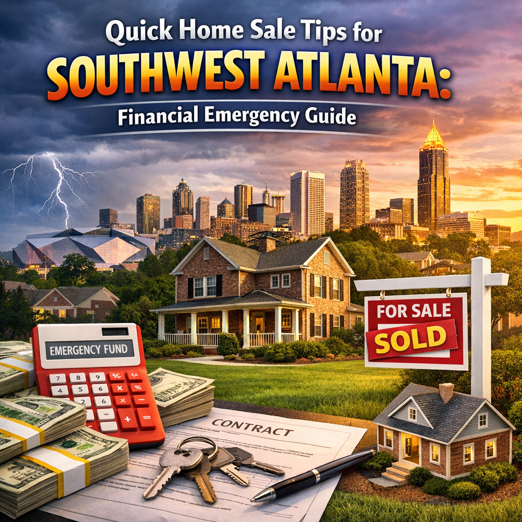 Text overlay on image: "Sell Your Home Fast in Southwest Atlanta" with a background of a 'For Sale' sign in front of a house.