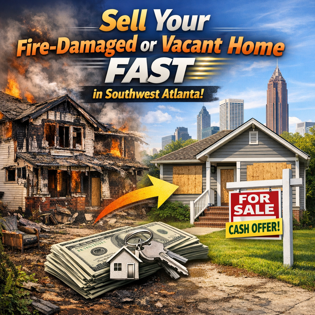 Text on a flyer stating "Sell Your Fire-Damaged or Vacant Home Fast in Southwest Atlanta."