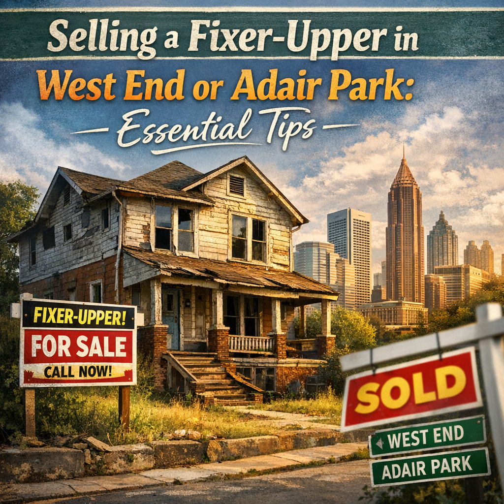 A rundown house labeled "For Sale" in West End or Adair Park with selling tips overlay and Atlanta skyline in the background.