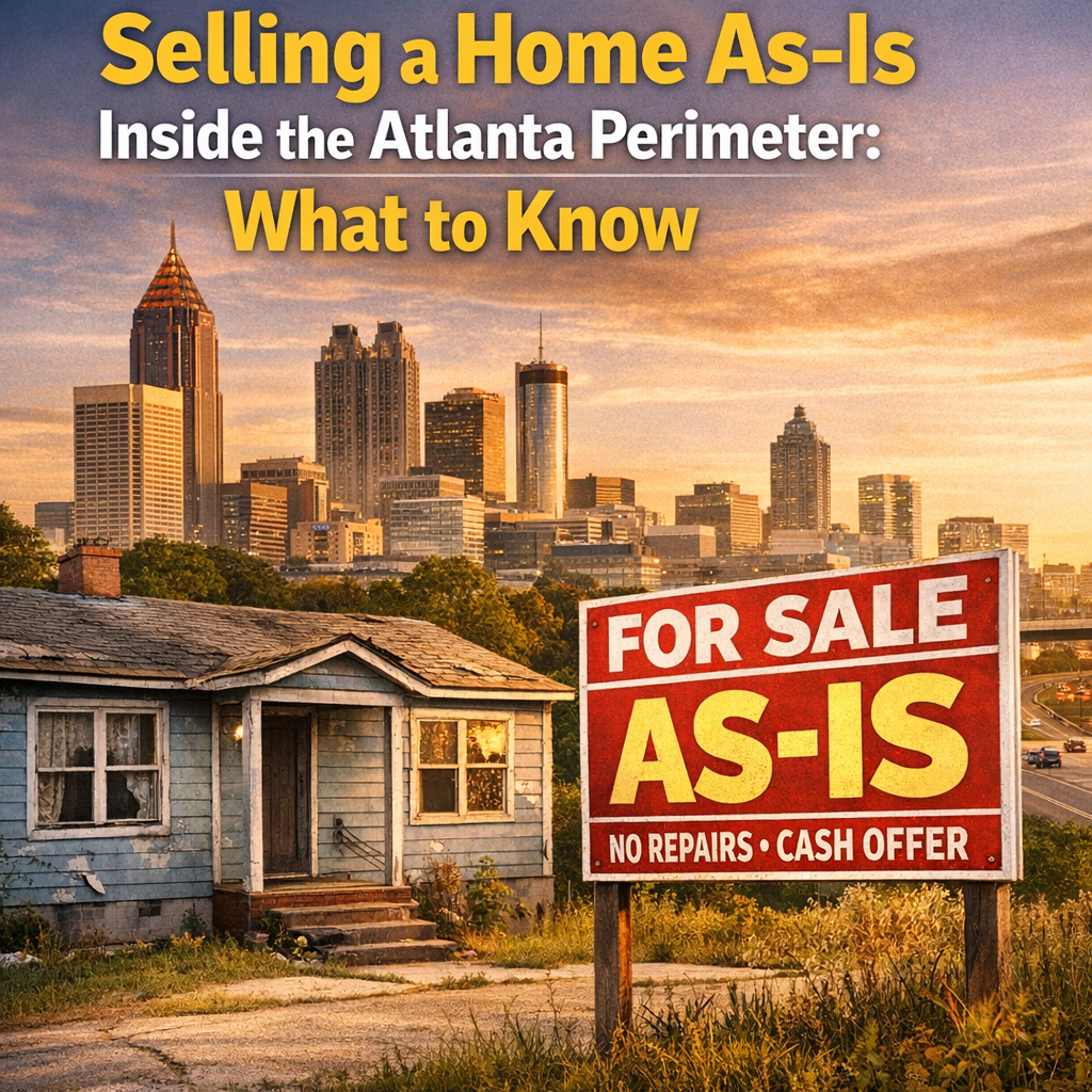"For Sale" sign in front of a house with text overlay "Selling Home As-Is in Atlanta".
