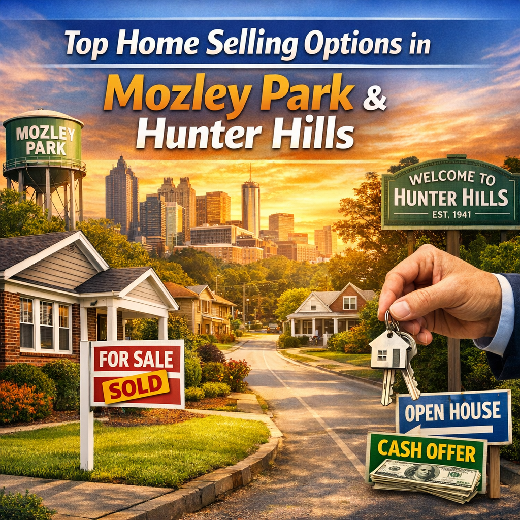 Real estate signs with "For Sale" in front of Mozley Park and Hunter Hills skyline.