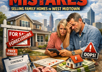 Graphic of a family home with foreclosure and price reduction signs, titled "Top Tips to Avoid Mistakes in West Midtown."