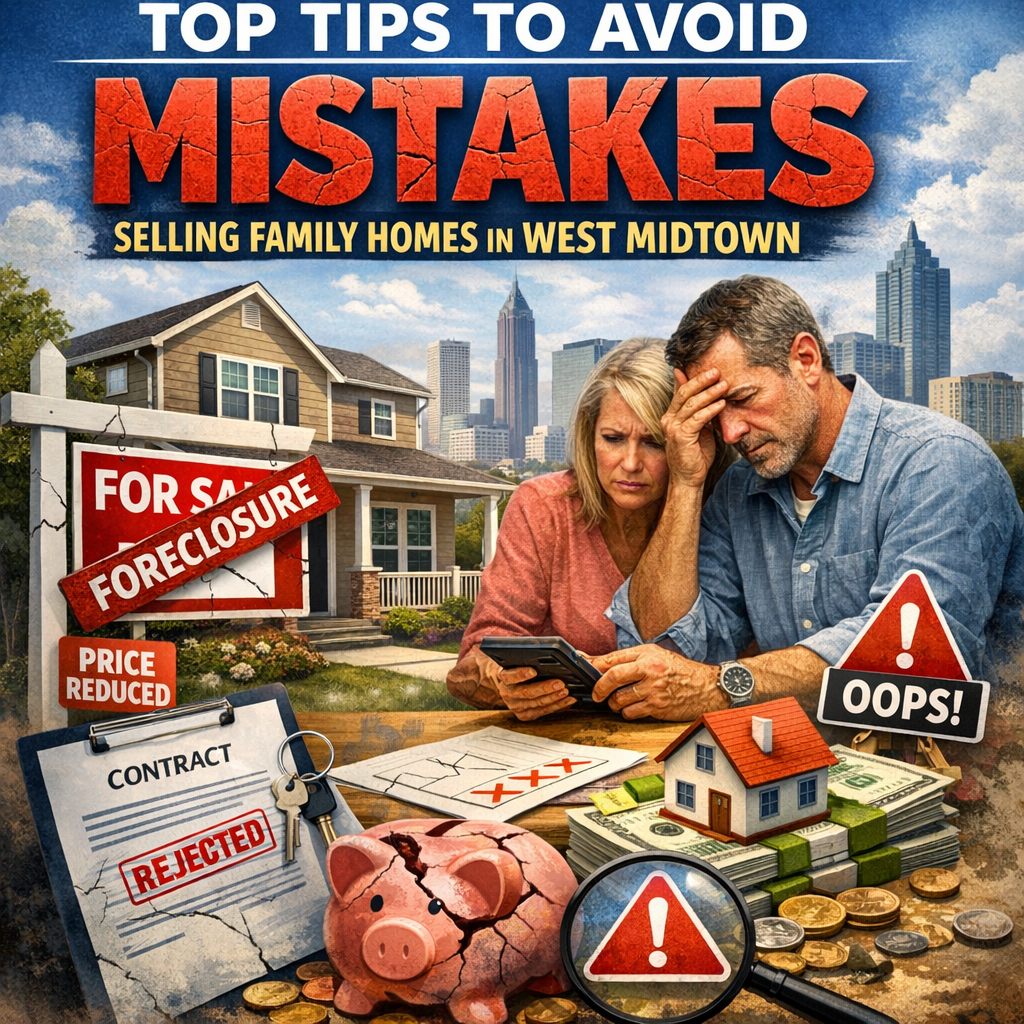 Graphic of a family home with foreclosure and price reduction signs, titled "Top Tips to Avoid Mistakes in West Midtown."