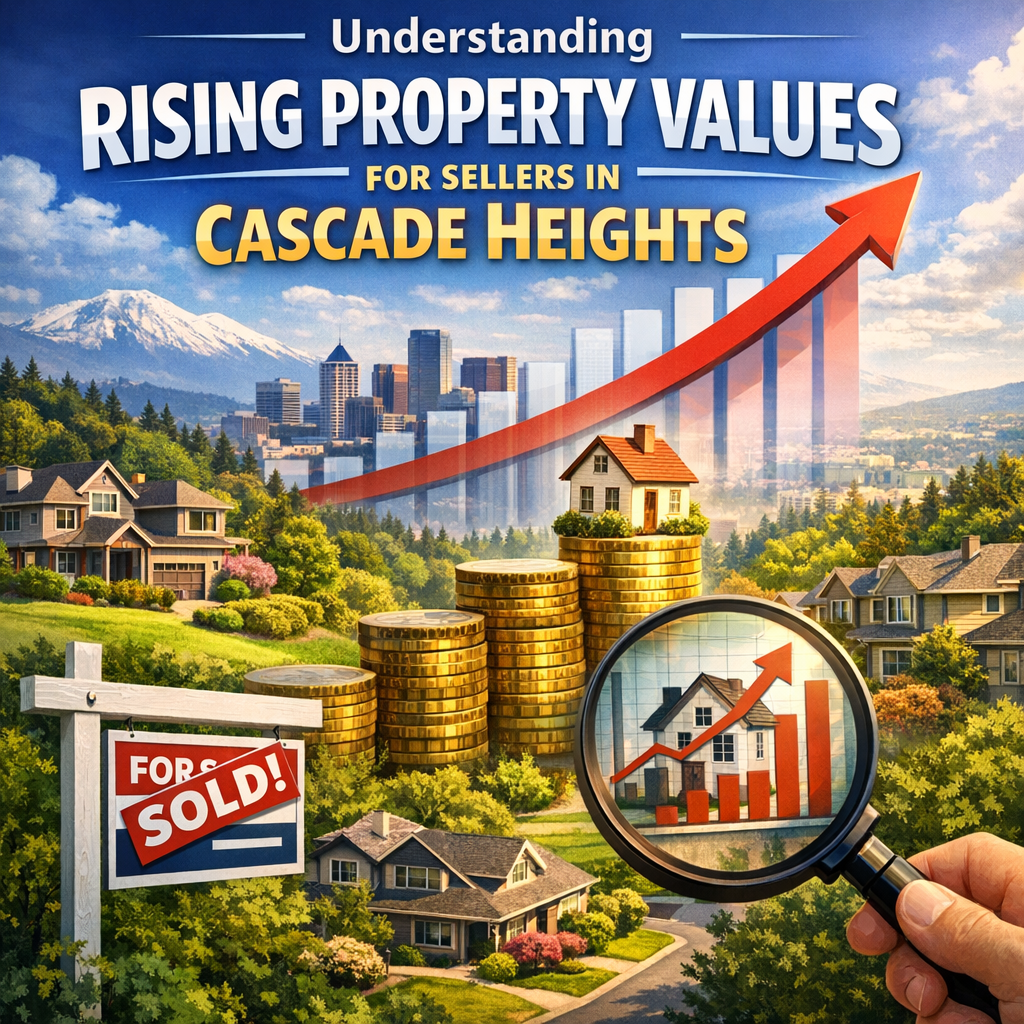 Infographic with an upward graph and Cascade Heights skyline depicting rising property values and home sales.