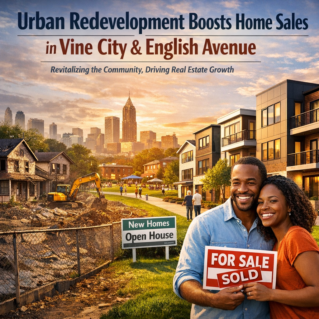 An illustrated graph showing rising home sales in Vine City and English Avenue due to urban redevelopment.